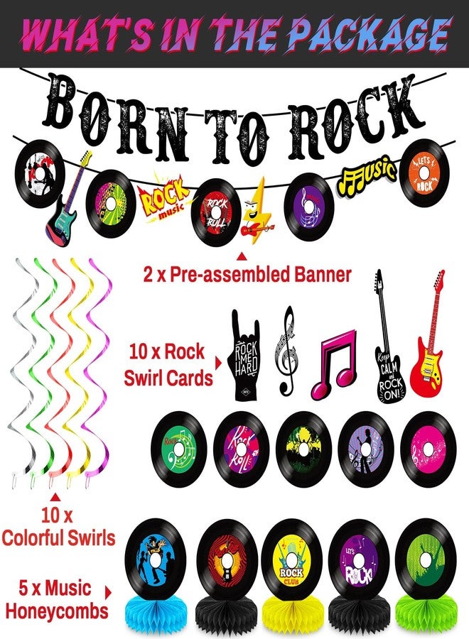 ojustbeok 27pcs Rock Themed Party Decorations Set Born to Rock Music Banner Hanging Swirls and Honeycomb Centerpieces Music Theme Party Decor for Happy Birthday Kids Baby Shower Record Party Supplies Favor - Image 2
